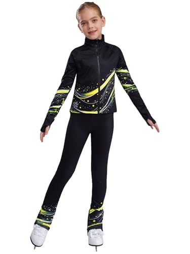 Fldy Mädchen Eiskunstlauf Anzug Warme Thermo Jacke Warm Eiskunstlauf Leggings Kinder Eislaufen Trainingsoutfit Sportanzug Tanzkleidung Neongelb 122-128 von Fldy