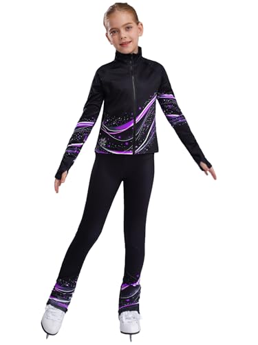 Fldy Mädchen Eiskunstlauf Anzug Warme Thermo Jacke Warm Eiskunstlauf Leggings Kinder Eislaufen Trainingsoutfit Sportanzug Tanzkleidung Violett 158-164 von Fldy