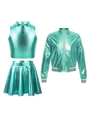 Fldy Mädchen Glitzer Outfit Pailletten Metallic Bomberjacke Crop Top Und Skater Rock Kinder Disco Jazz Tanz Party Festival Bekleidungsset Cyan 110-116 von Fldy