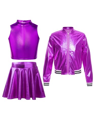 Fldy Mädchen Glitzer Outfit Pailletten Metallic Bomberjacke Crop Top Und Skater Rock Kinder Disco Jazz Tanz Party Festival Bekleidungsset Violett 158-164 von Fldy
