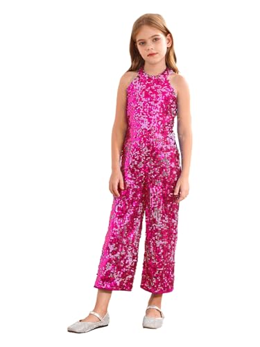 Fldy Mädchen Glitzer Pailletten Jumpsuit Ärmellos Festlich Overall Lang Kinder Metallic Weite Beine Hose Für Party Cocktail Abend Weihnachten Hotpink 122-128 von Fldy