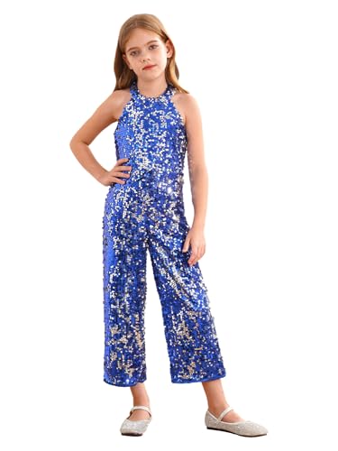 Fldy Mädchen Glitzer Pailletten Jumpsuit Ärmellos Festlich Overall Lang Kinder Metallic Weite Beine Hose Für Party Cocktail Abend Weihnachten Königsblau 158-164 von Fldy