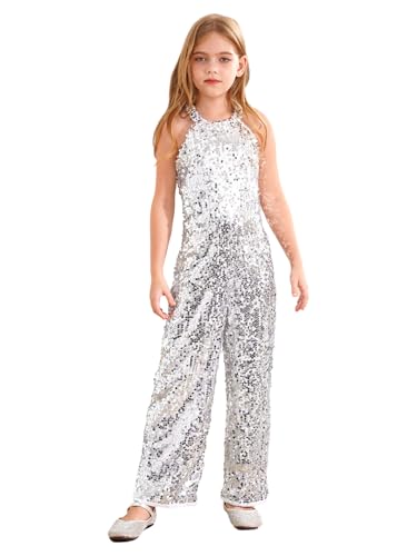 Fldy Mädchen Glitzer Pailletten Jumpsuit Ärmellos Festlich Overall Lang Kinder Metallic Weite Beine Hose Für Party Cocktail Abend Weihnachten Silber 134-140 von Fldy