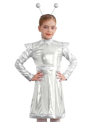 Fldy Mädchen Glitzer Tanzkleid Kinder Space Girl Alien Kleid Haarreif Set Glänzend Metallic Karneval Space Party Outfit Halloween Tanzkleidung Silber 122-128 von Fldy