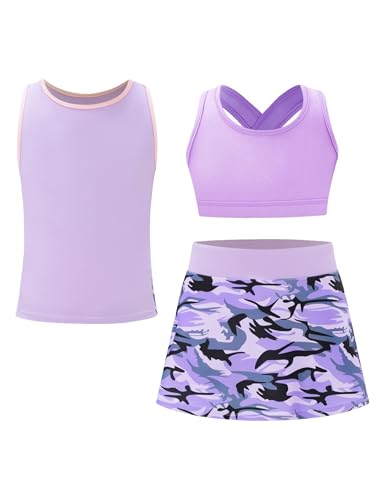 Fldy Mädchen Golf Tennisanzug Ärmelloses Tennis Shirt Tennis Skort Rock Kinder Sportbekleidung Set Laufen Workout Badminton Outfit Lila_A 158-164 von Fldy