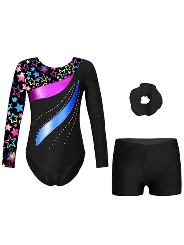 Fldy Mädchen Gymnastikanzug Langarm Bedruckte Turnbody Gymnastik Shorts Haargummi 3er Set Kinder Ballett Tanzkleidung Wettkampf Outfit Stern&Schwarz-Haargummi 122-128 von Fldy