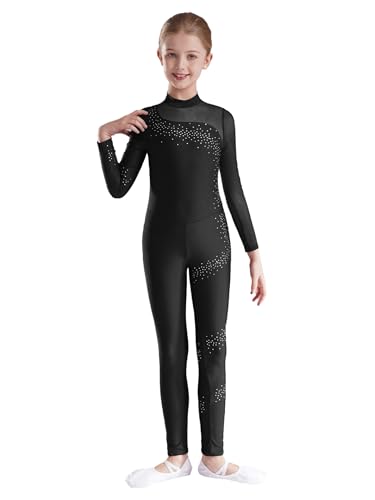 Fldy Mädchen Gymnastikanzug Langarm Glitzer Kinder Eiskunstlauf Body Tanz Trikot Turnen Ganzkörperanzug Sport Overall Jumpsuit Schwarz_A 134-140 von Fldy