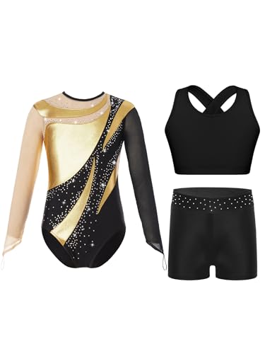 Fldy Mädchen Gymnastikanzug Langarm Mit Kurze Hose Kinder Glitzer Turnanzug Mit Shorts Sport BH Set Turnen Tanzkleidung Gold 146-152 von Fldy