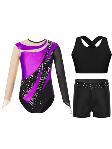 Fldy Mädchen Gymnastikanzug Langarm Mit Kurze Hose Kinder Glitzer Turnanzug Mit Shorts Sport BH Set Turnen Tanzkleidung Violett 146-152 von Fldy