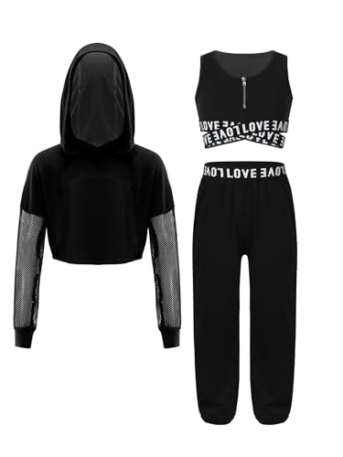 Fldy Mädchen Hip Hop Kleidung Streetdance Outfit Bauchfrei Hoodie Crop Tank Top Und Pumphose 3er Kinder Sport Workout Set Tanzkleidung Schwarz 134-140 von Fldy