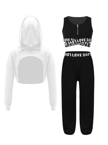 Fldy Mädchen Hip Hop Kleidung Streetdance Outfit Bauchfrei Hoodie Crop Tank Top Und Pumphose 3er Kinder Sport Workout Set Tanzkleidung Schwarz&Elfenbein 134-140 von Fldy