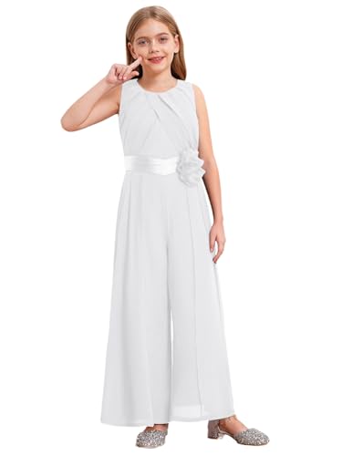 Fldy Mädchen Jumpsuit Festlich ärmellos Overall Lang Weites Bein Hose Mit Taillengürtel Für Party Hochzeit Kommunion Elfenbein 122-128 von Fldy