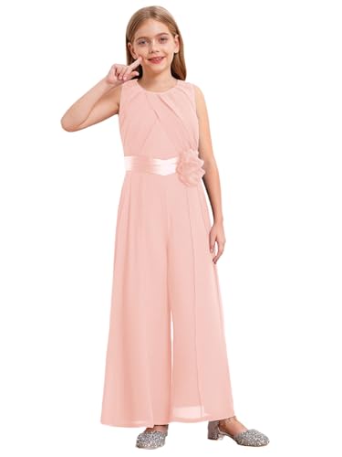 Fldy Mädchen Jumpsuit Festlich ärmellos Overall Lang Weites Bein Hose Mit Taillengürtel Für Party Hochzeit Kommunion Rosa 146-152 von Fldy