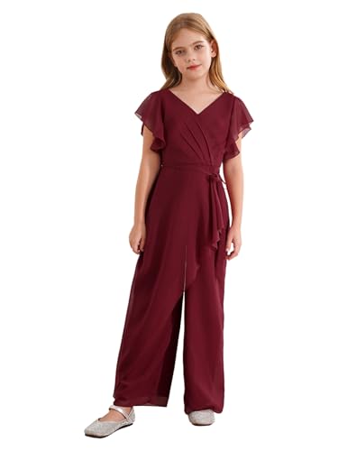 Fldy Mädchen Jumpsuit Sommer Elegant Overall Festlich Lang Chiffon Weites Bein Hose Mit Rüschen Hochzeit Party Abend Casual Freizeitanzug Burgundy 122-128 von Fldy