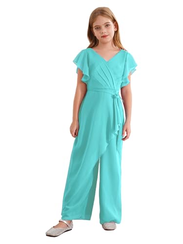 Fldy Mädchen Jumpsuit Sommer Elegant Overall Festlich Lang Chiffon Weites Bein Hose Mit Rüschen Hochzeit Party Abend Casual Freizeitanzug Türkis 134-140 von Fldy