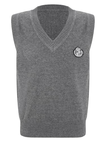 Fldy Mädchen Jungen Strickweste V-Ausschnitt Kinder Pullunder Pullover Weste Ärmellos Schulniform Gilet Strickwaren Top Grau 110-116 von Fldy