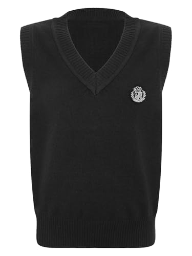 Fldy Mädchen Jungen Strickweste V-Ausschnitt Kinder Pullunder Pullover Weste Ärmellos Schulniform Gilet Strickwaren Top Schwarz 122-128 von Fldy