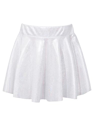 Fldy Mädchen Kinder Metallic Rock Glänzender Skater Mini Rock A Linien Tanzröcke Für Ballett Jazz Karneval Disco Party Silber 140-152 von Fldy
