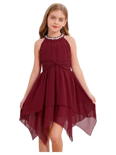 Fldy Mädchen Kleid Festlich Neckholder Strass Prinzessin Kleid Unregelmäßige Saum Hochzeit Blumenmädchenkleid Partykleid Burgundy 146-152 von Fldy
