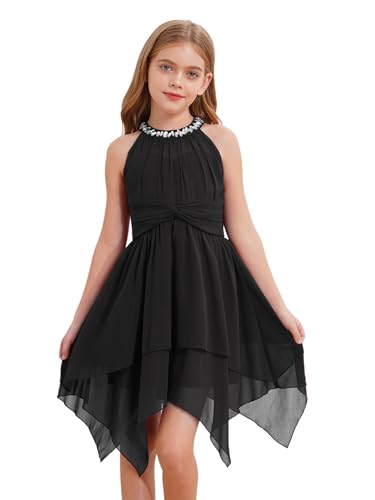 Fldy Mädchen Kleid Festlich Neckholder Strass Prinzessin Kleid Unregelmäßige Saum Hochzeit Blumenmädchenkleid Partykleid Schwarz 158-164 von Fldy