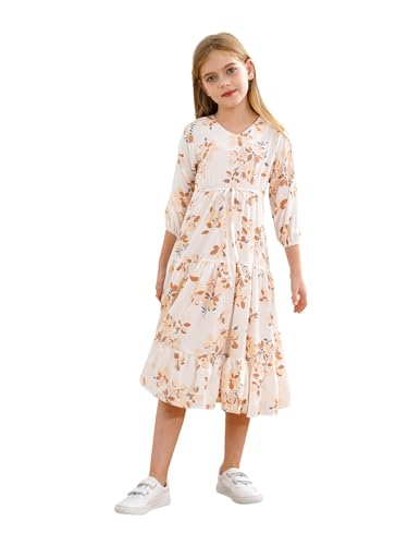 Fldy Mädchen Kleider Langarm Blumendruck Prinzessin Kleid Swing Kleid A-Linie Lässige Freizeitkleid Skaterrock Lang Sommer Festlich Hochzeit Beige 158-164 von Fldy