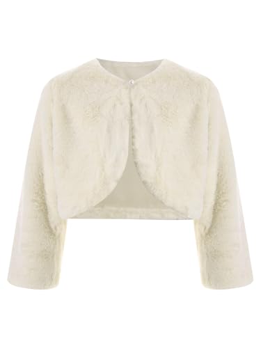 Fldy Mädchen Kunstpelz Bolero Jacke Festliche Warme Blumenmädchen Jäckchen Für Hochzeit Party Abendkleid Beige 92-98 von Fldy