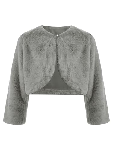 Fldy Mädchen Kunstpelz Bolero Jacke Festliche Warme Blumenmädchen Jäckchen Für Hochzeit Party Abendkleid Grau 104-116 von Fldy