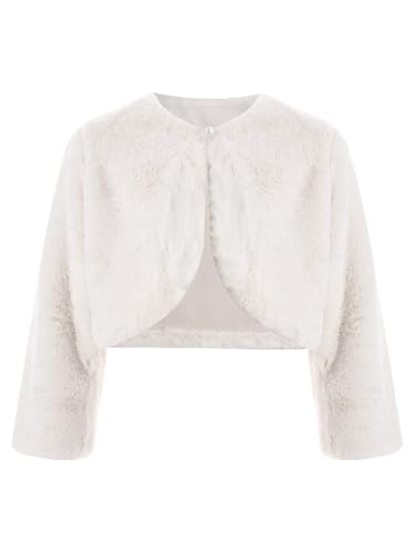 Fldy Mädchen Kunstpelz Bolero Jacke Festliche Warme Blumenmädchen Jäckchen Für Hochzeit Party Abendkleid Weiß 140-152 von Fldy