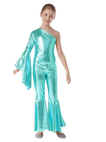 Fldy Mädchen Metallic Outfit Glänzende 70er 80er Disco Jumpsuit Mit Glockenboden Haarummi Set Kinder Glitzer Tanzsoutfit Show Performance Set Blaugrün 134-140 von Fldy
