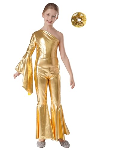 Fldy Mädchen Metallic Outfit Glänzende 70er 80er Disco Jumpsuit Mit Glockenboden Haarummi Set Kinder Glitzer Tanzsoutfit Show Performance Set Gold 146-152 von Fldy