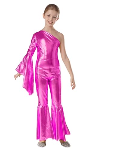 Fldy Mädchen Metallic Outfit Glänzende 70er 80er Disco Jumpsuit Mit Glockenboden Haarummi Set Kinder Glitzer Tanzsoutfit Show Performance Set Hotpink 134-140 von Fldy