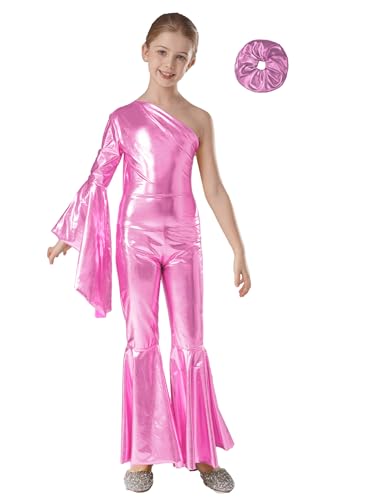 Fldy Mädchen Metallic Outfit Glänzende 70er 80er Disco Jumpsuit Mit Glockenboden Haarummi Set Kinder Glitzer Tanzsoutfit Show Performance Set Rosa 110-116 von Fldy