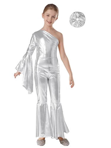 Fldy Mädchen Metallic Outfit Glänzende 70er 80er Disco Jumpsuit Mit Glockenboden Haarummi Set Kinder Glitzer Tanzsoutfit Show Performance Set Silber 146-152 von Fldy