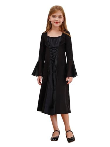 Fldy Mädchen Mittelalterliches Kleid Renaissance Adels Prinzessin Kleid Trompetenärmel Elegant Kinder Partykleid Ballkleid Festkleid Lang Mit Schnürung Schwarz 158-164 von Fldy