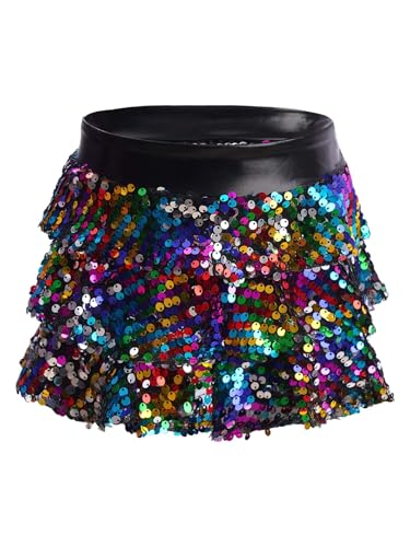 Fldy Mädchen Pailettenrock Mit Innenshorts Glitzer Tanzröcke Gestufte Skater Röcke Für Latin Rumba Karneval Party Bunt 158-164 von Fldy