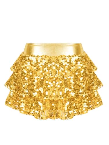 Fldy Mädchen Pailettenrock Mit Innenshorts Glitzer Tanzröcke Gestufte Skater Röcke Für Latin Rumba Karneval Party Gold 122-128 von Fldy