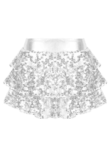 Fldy Mädchen Pailettenrock Mit Innenshorts Glitzer Tanzröcke Gestufte Skater Röcke Für Latin Rumba Karneval Party Silber 158-164 von Fldy