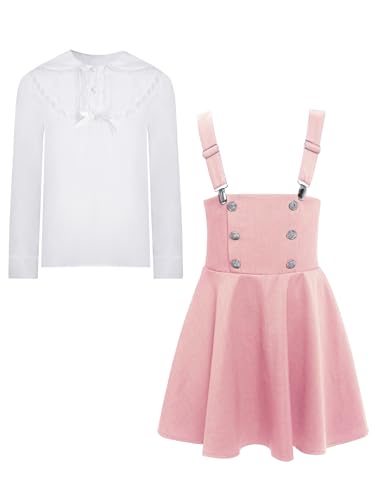 Fldy Mädchen Rock Und Oberteil Set Spitzenbluse Und Gefaltetes Latzkleid 2er Festlich Party Alltag Kinder Mädchen Outfits Rosa 134-140 von Fldy