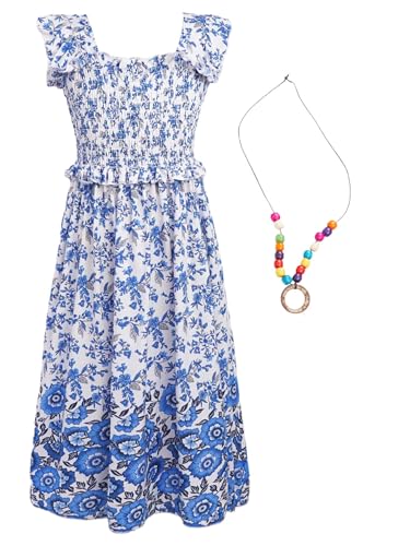 Fldy Mädchen Sommerkleid Ärmellos Boho Blumenmuster Prinzessin Kleid A-Linie Mit Halskette Party Urlaub Festkleid Casual Kinderkleid Blau 158-164 von Fldy