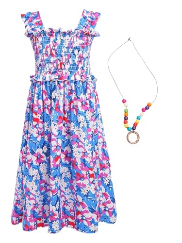 Fldy Mädchen Sommerkleid Ärmellos Boho Blumenmuster Prinzessin Kleid A-Linie Mit Halskette Party Urlaub Festkleid Casual Kinderkleid Blau&Lila 146-152 von Fldy