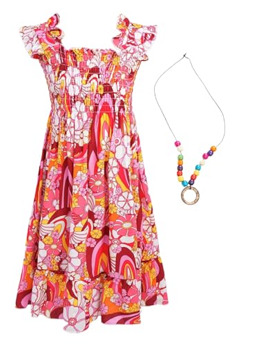 Fldy Mädchen Sommerkleid Ärmellos Boho Blumenmuster Prinzessin Kleid A-Linie Mit Halskette Party Urlaub Festkleid Casual Kinderkleid Rot 146-152 von Fldy