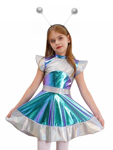 Fldy Mädchen Space Girl Alien Kleid Kopfschmuck Set Glänzend Metallic Tankleider Kinder Space Party Outfit Karneval Halloween Tanzkleidung Silber 158-164 von Fldy