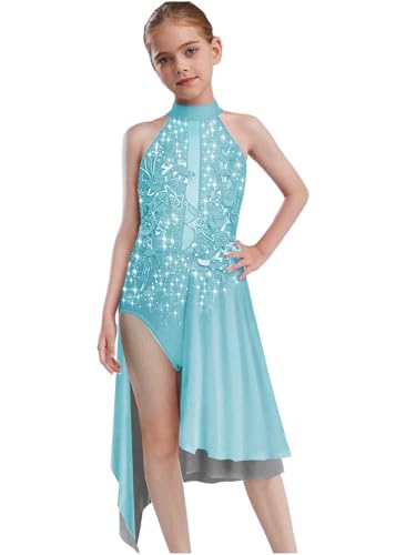 Fldy Mädchen Tanzkleid Glitzer Neckholder Lyrisch Eiskunstlauf Kleid Trikot Mit Perlen&Blumen Kinder Ballett Tanzkleidung Hellblau 146-152 von Fldy