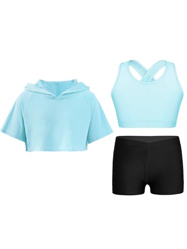 Fldy Mädchen Trainingsanzug Kurzarm Hoodie Crop Tank Top Und Shorts 3er Kinder Mädchen Kleidung Set Sommer Sport Tanz Workout Laufen Outfit Hellblau_B 170 von Fldy