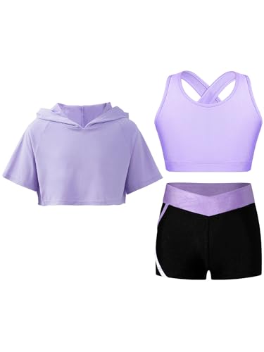 Fldy Mädchen Trainingsanzug Kurzarm Hoodie Crop Tank Top Und Shorts 3er Kinder Mädchen Kleidung Set Sommer Sport Tanz Workout Laufen Outfit Lavendel_A 134-140 von Fldy