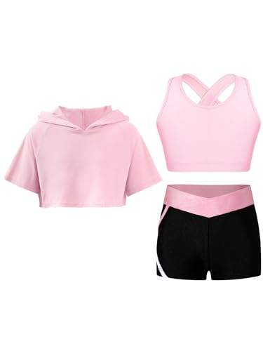 Fldy Mädchen Trainingsanzug Kurzarm Hoodie Crop Tank Top Und Shorts 3er Kinder Mädchen Kleidung Set Sommer Sport Tanz Workout Laufen Outfit Rosa_A 146-152 von Fldy