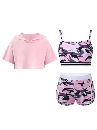 Fldy Mädchen Trainingsanzug Sport Set Kurzarm Hoodie Crop Tank Top Shorts Mädchen Sommer Kleidung Set Kinder Tanz Workout Laufen Outfit Rosa 158-164 von Fldy