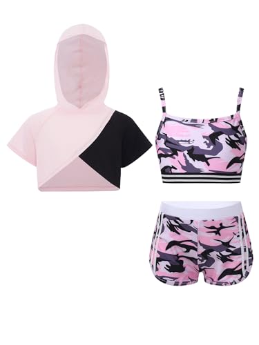 Fldy Mädchen Trainingsanzug Sport Set Kurzarm Hoodie Crop Tank Top Shorts Mädchen Sommer Kleidung Set Kinder Tanz Workout Laufen Outfit Schwarz-Rosa 122-128 von Fldy