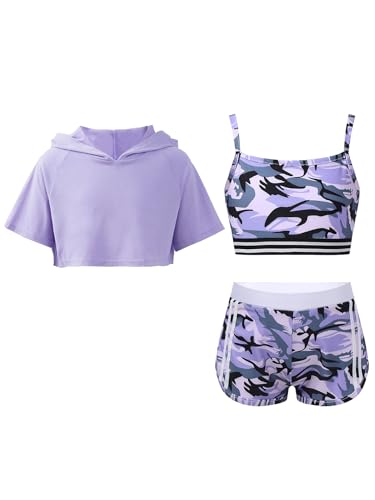 Fldy Mädchen Trainingsanzug Sport Set Kurzarm Hoodie Crop Tank Top Shorts Mädchen Sommer Kleidung Set Kinder Tanz Workout Laufen Outfit Violett 134-140 von Fldy