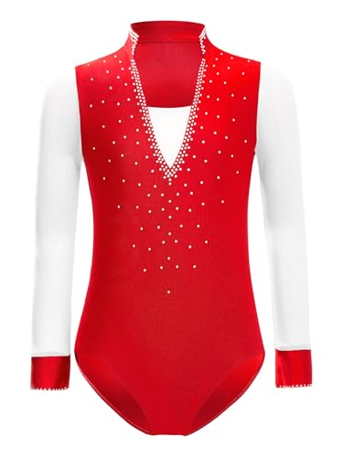 Fldy Mädchen Turnanzug Glitzer Gymnastik Body Langarm V-Ausschnitt Ballett Tanz Leotard mit Kontrastfarbe Rot 122-128 von Fldy